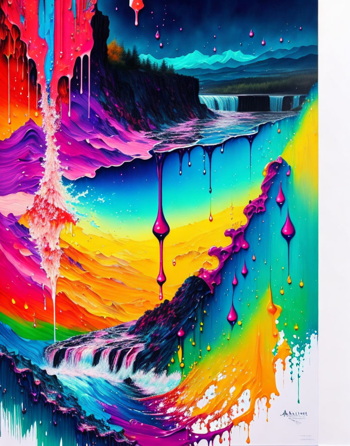 Colorful Abstract Painting of Melting Landscape with Waterfall