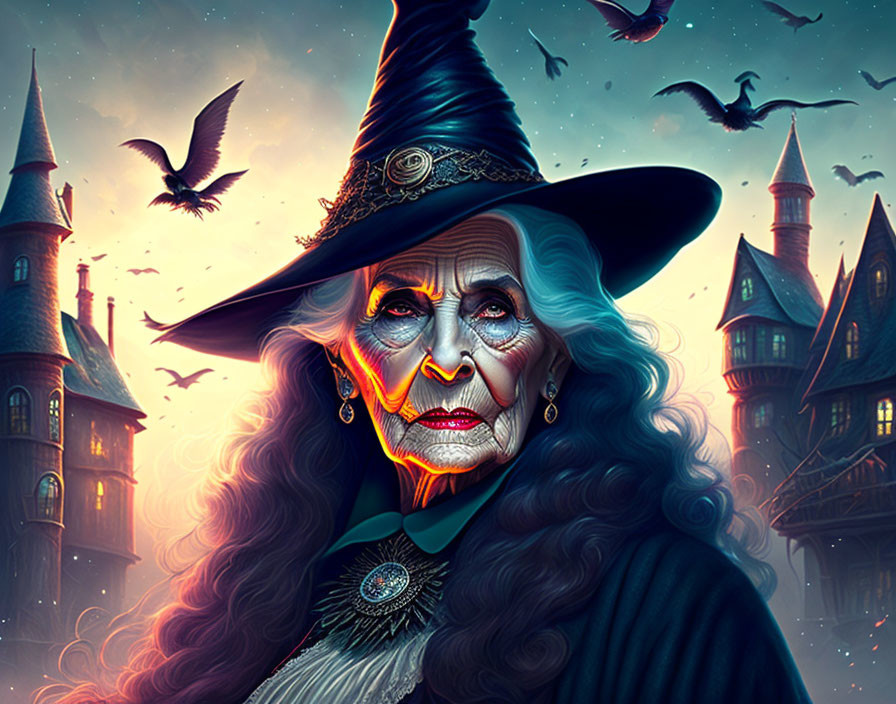 Elderly witch with tall hat and intense gaze at spooky castle