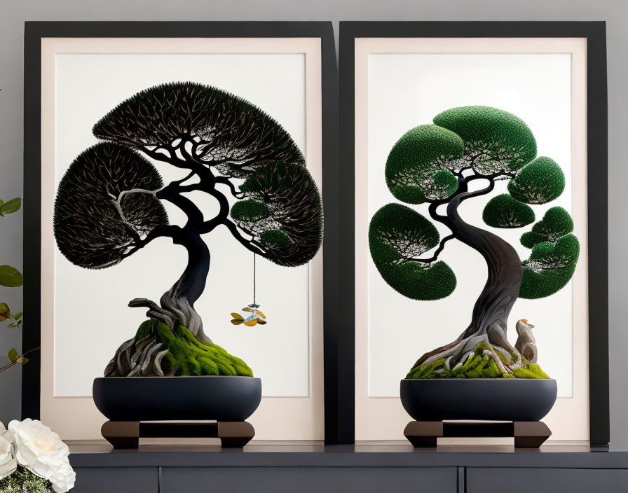 Framed stylized bonsai tree art with snail and leaves on dark wall