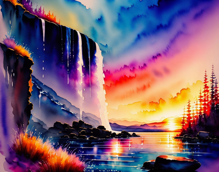 Colorful Watercolor Painting of Sunset by Waterfall