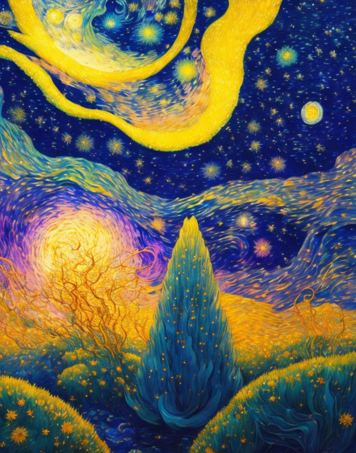 Swirling Blue and Yellow Painting of Starry Night Sky and Cypress Tree