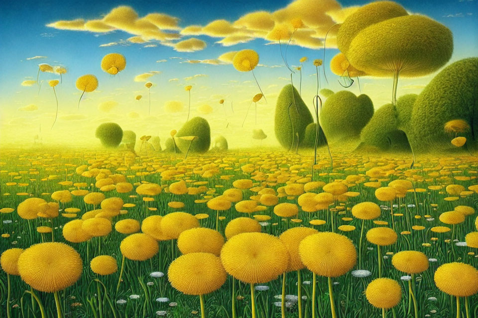 Whimsical landscape with heart-shaped trees and yellow flowers