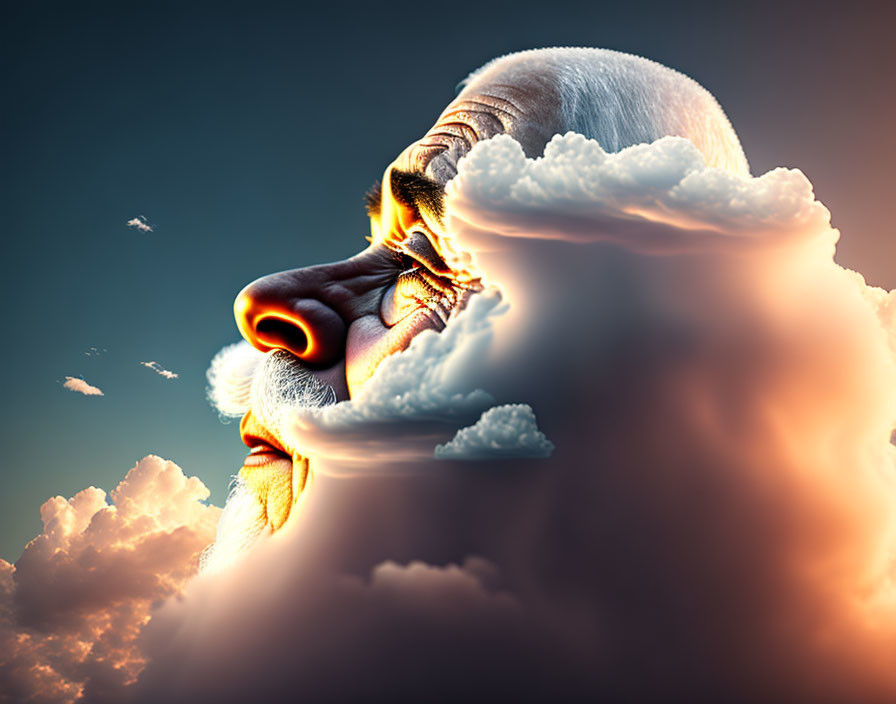 Surreal portrait featuring multiple male faces layered with clouds on dusky sky