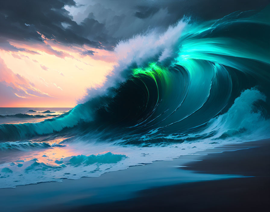 Vibrant turquoise and emerald wave against dramatic sunset sky