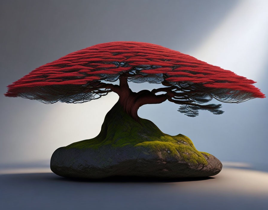 Voluminous red canopy on bonsai-style tree atop moss-covered rock