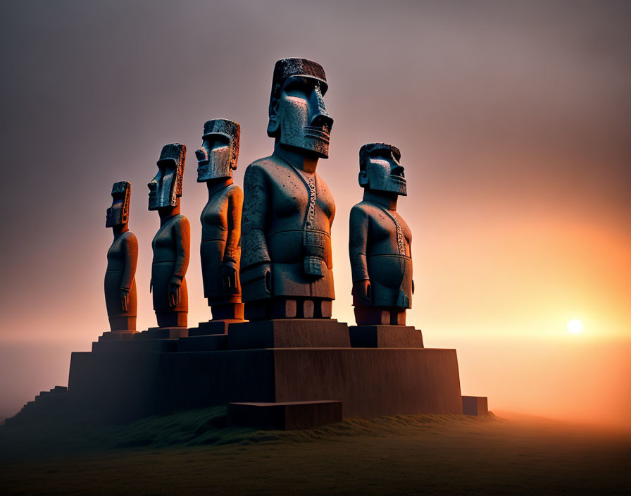 Sunset view of Moai statues on Easter Island with orange sky and mist