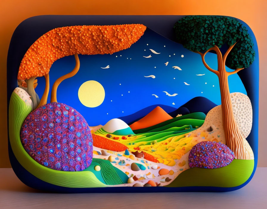 Colorful Papercraft Landscape with Trees, Sun, Moon, and Birds