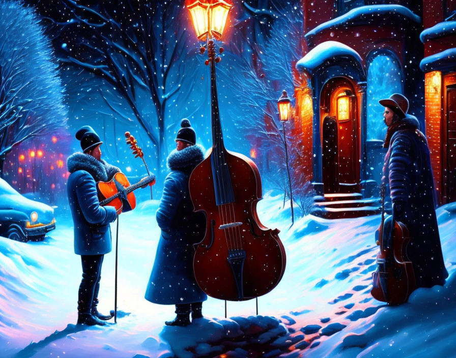 Musicians with guitar and double bass perform on snow-covered street at night