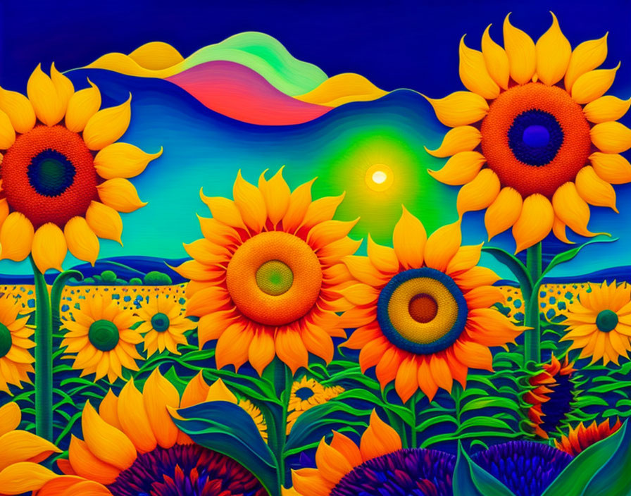 Colorful sunflower illustration under vibrant sky