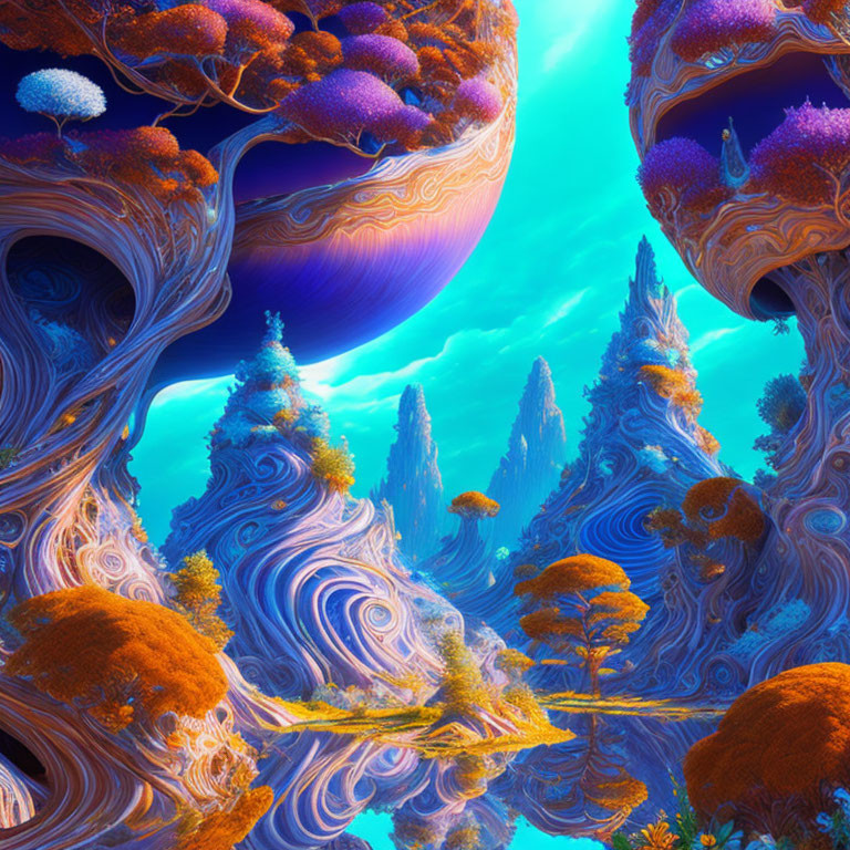 Colorful surreal landscape with oversized mushrooms and fantastical flora.