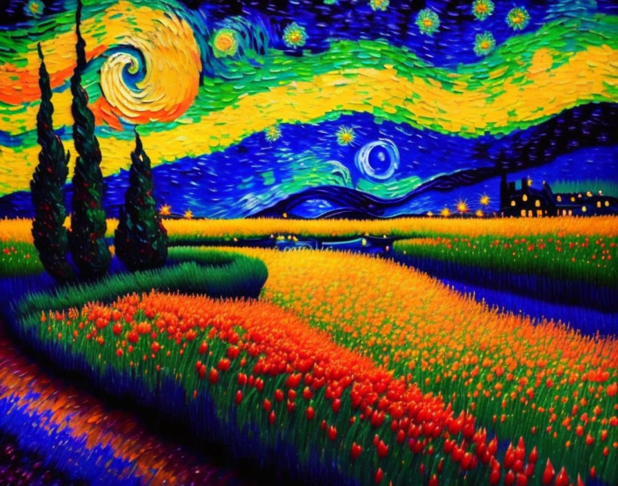 Colorful Van Gogh-style painting: swirling night sky, stars, vibrant landscape.