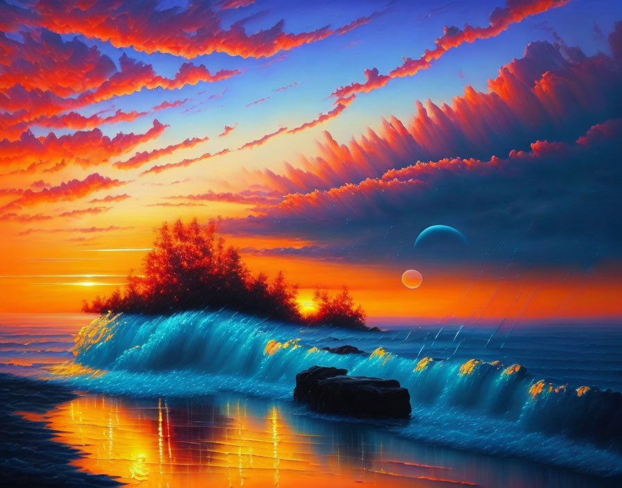 Vibrant tropical sunset with radiant clouds over crashing waves