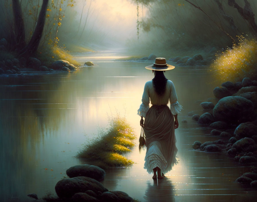 Woman in straw hat walks along misty riverbank with fireflies