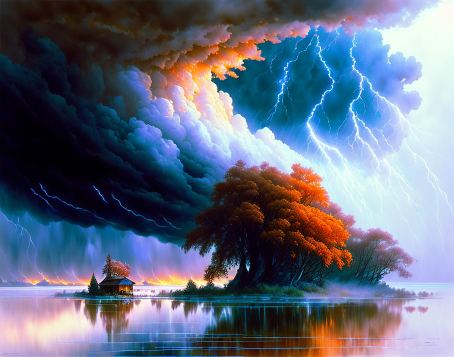 Stormy Lightning Over Autumn Lake Landscape Artwork