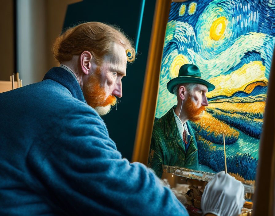 Man resembling Vincent van Gogh gazes at mirror with Starry Night painting.