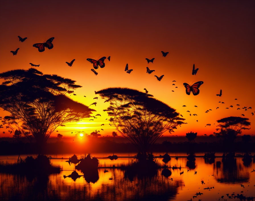 Tranquil sunset scene with tree silhouettes, birds, and butterflies