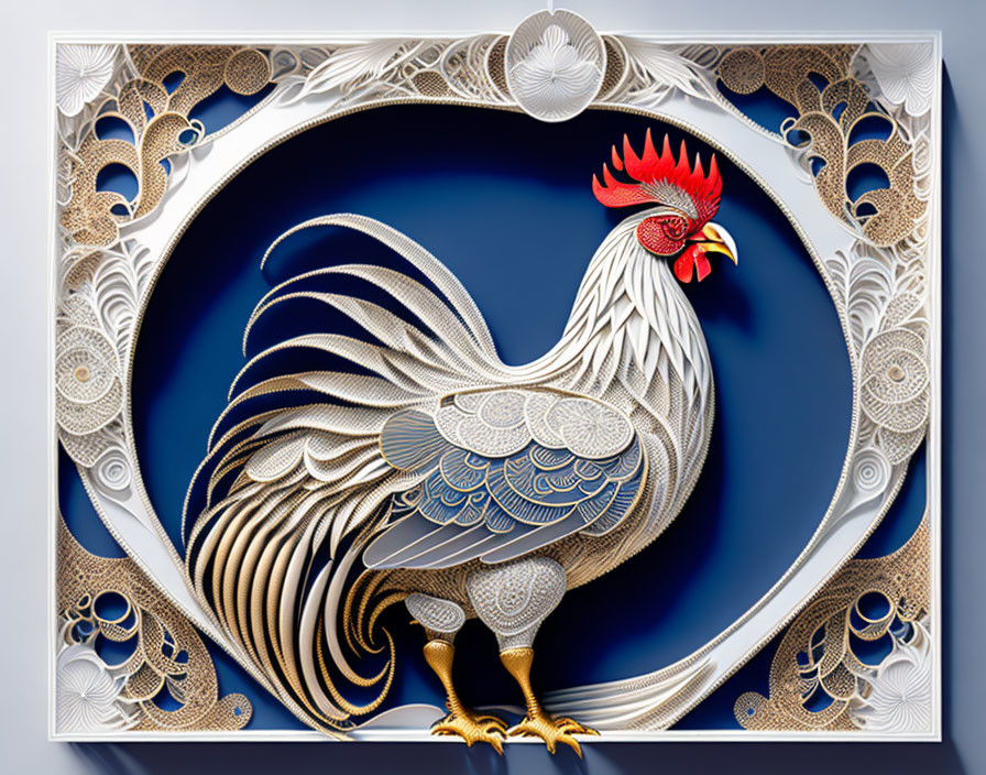 Intricate paper art of stylized rooster with floral designs on blue background