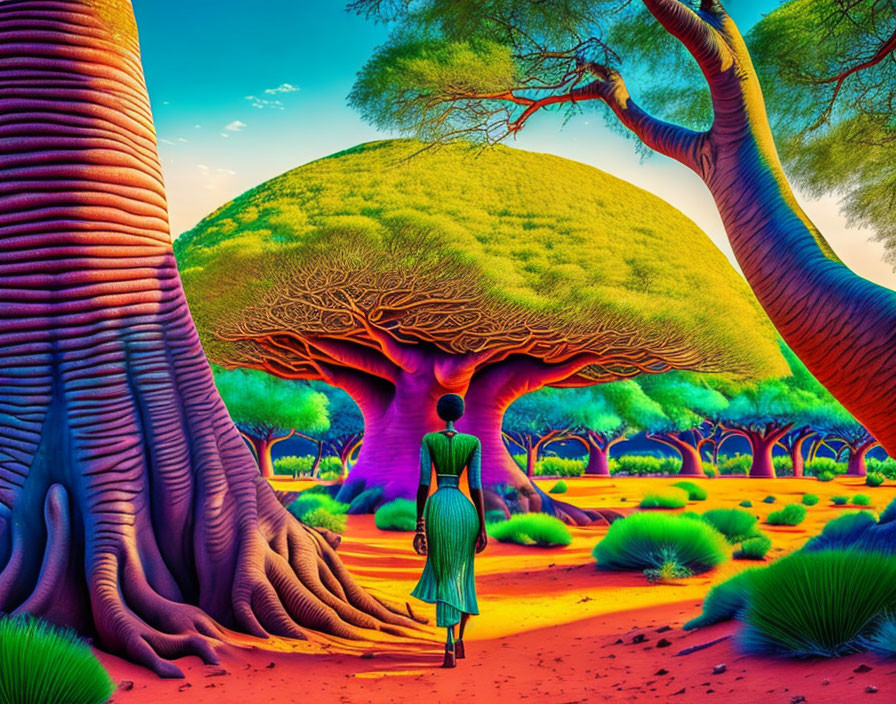 Person in green dress in surreal, vibrant landscape