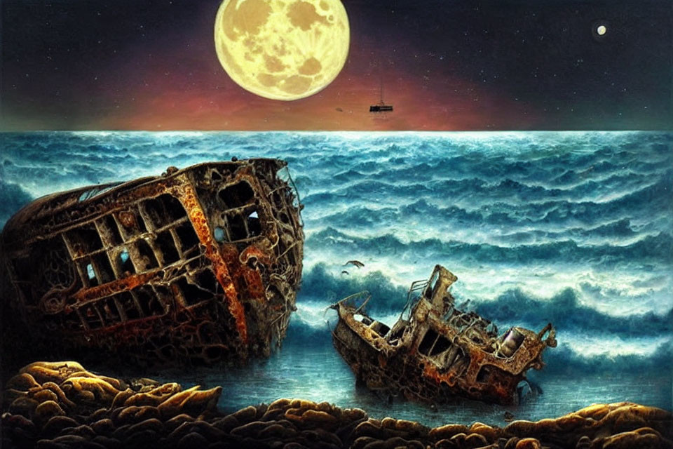 Moonlit shipwrecks on rocky shore with crashing waves and sailing boat