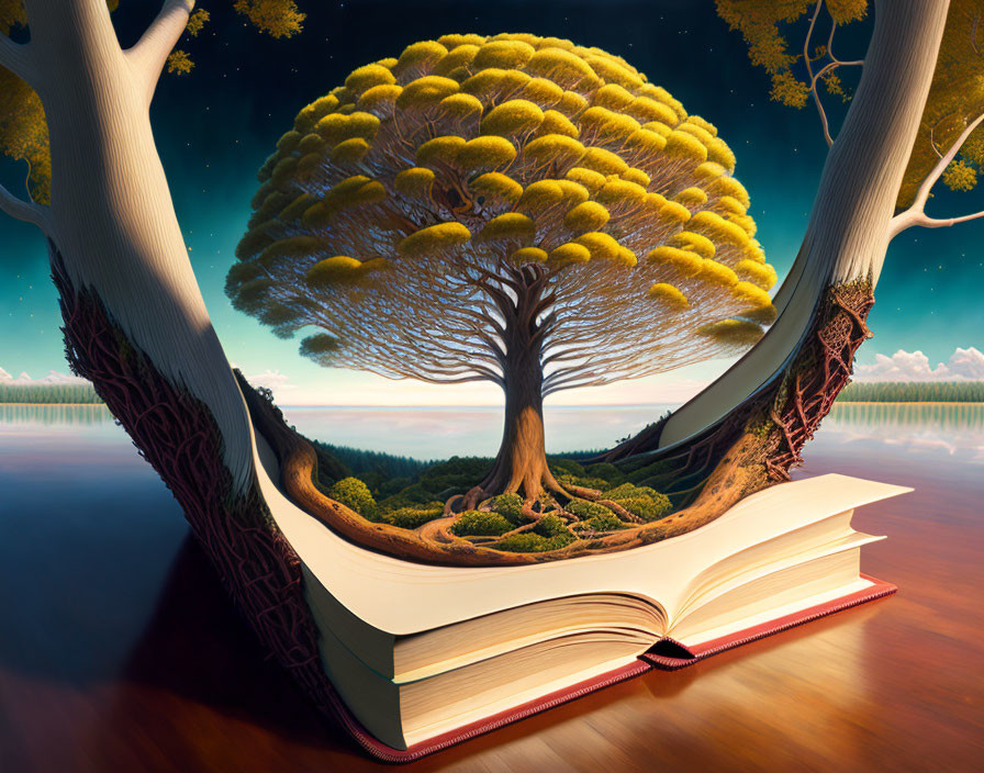 Illustration of lush tree growing from open book in surreal landscape