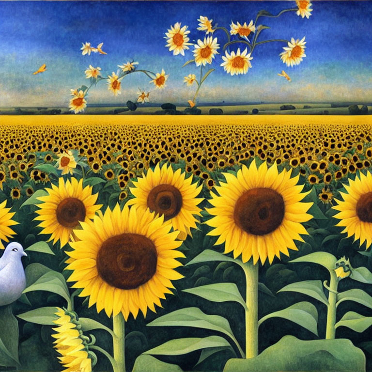 Sunflower Field Painting with Dove on Stem