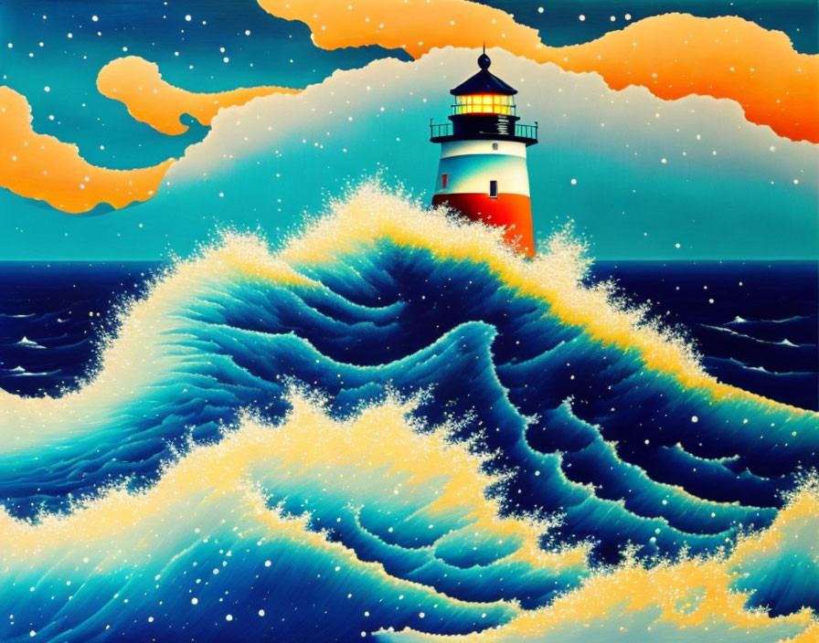 Lighthouse painting with wave on craggy peak under orange sky