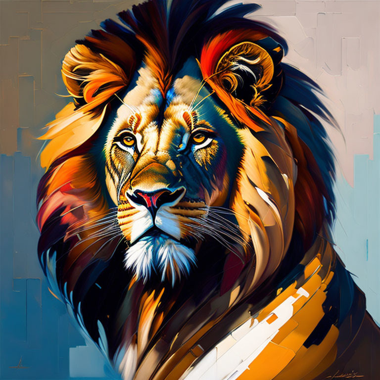 Vivid lion digital art with colorful mane on abstract background