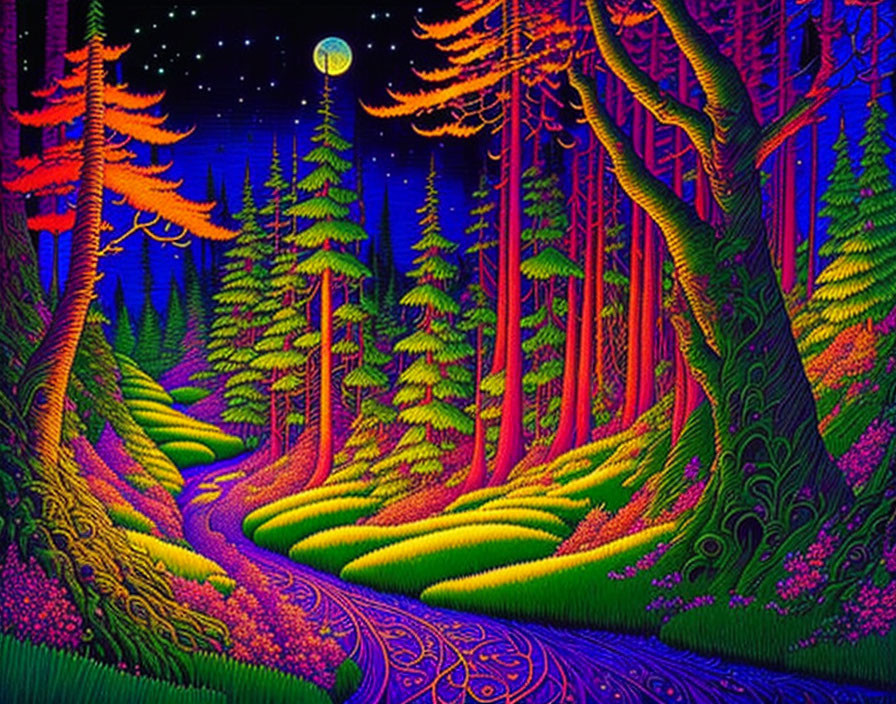 Colorful Psychedelic Night Forest Illustration with Moon and Stars