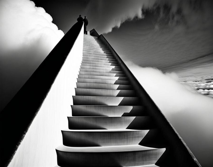 Monochrome image of person on surreal staircase rising into clouds