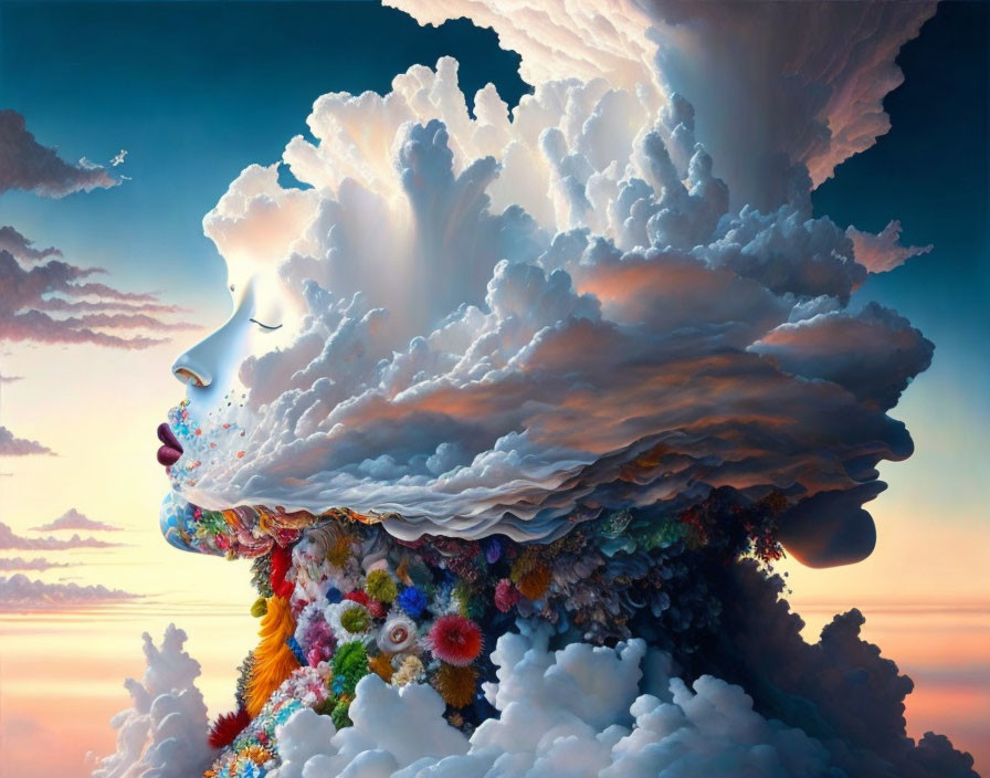 Surreal face profile merged with cloud and flowers in pastel sky