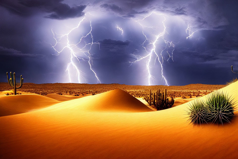 Stormy Desert Landscape with Lightning Strikes and Sand Dunes