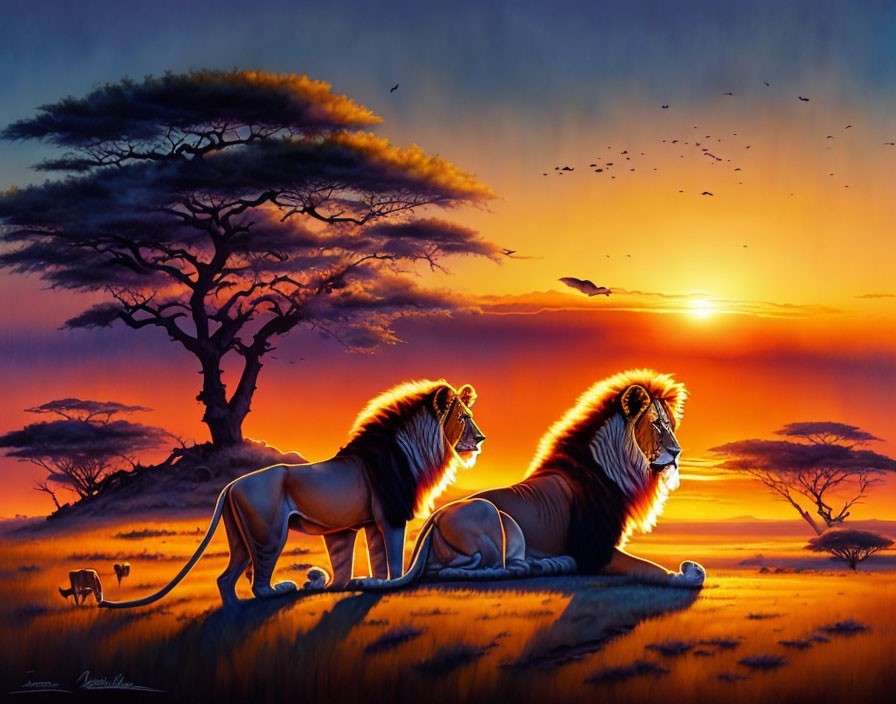 Lions resting in savanna at sunset with acacia trees and small animal.