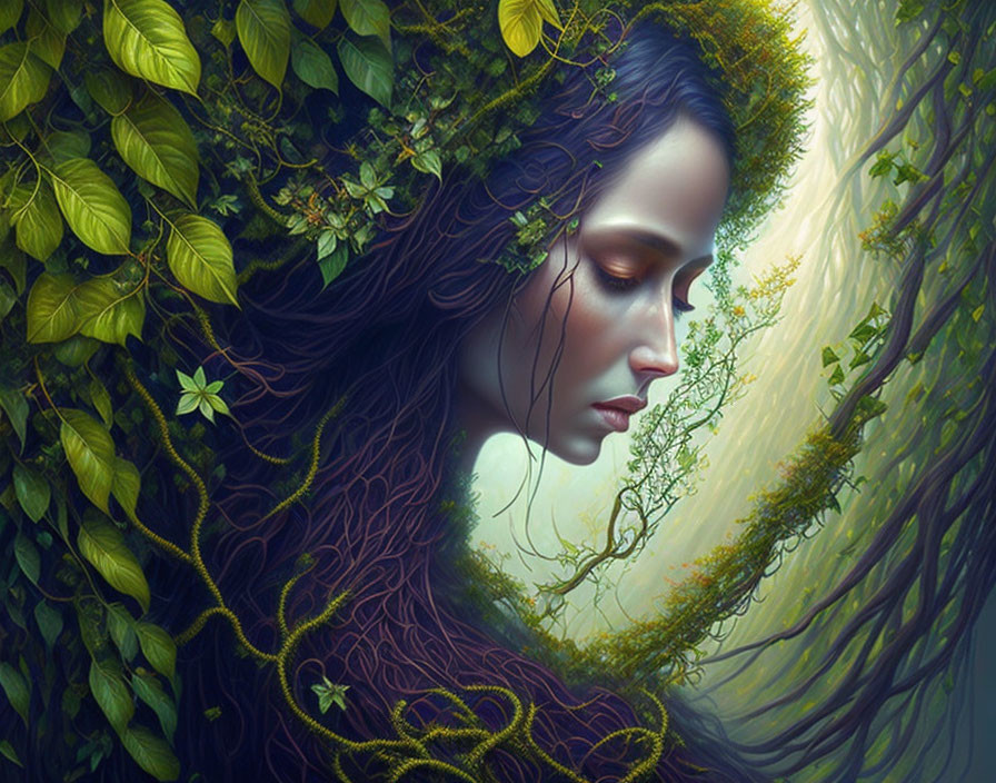 Woman's profile merges with lush green foliage in serene illustration