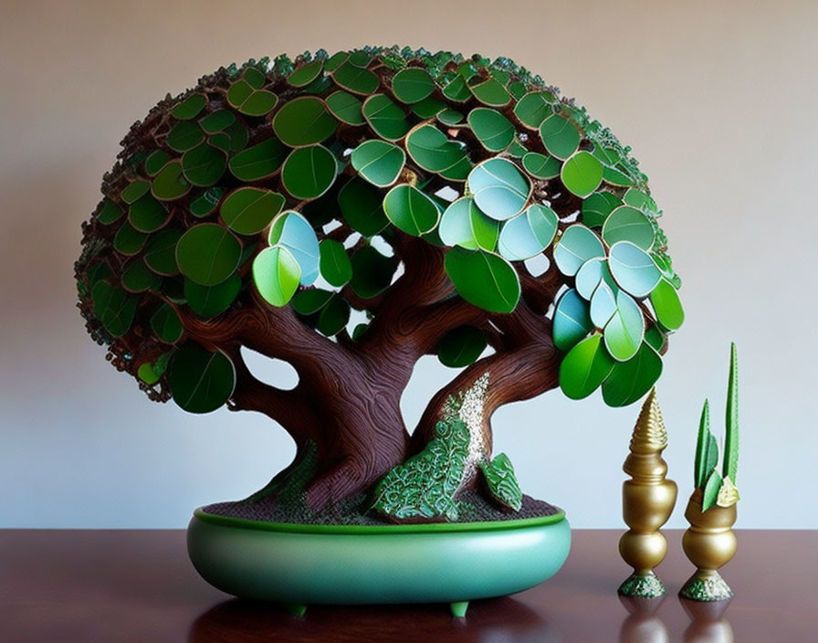 Detailed Bonsai Tree Sculpture with Green Leaves, Brown Trunk, Golden Figurines