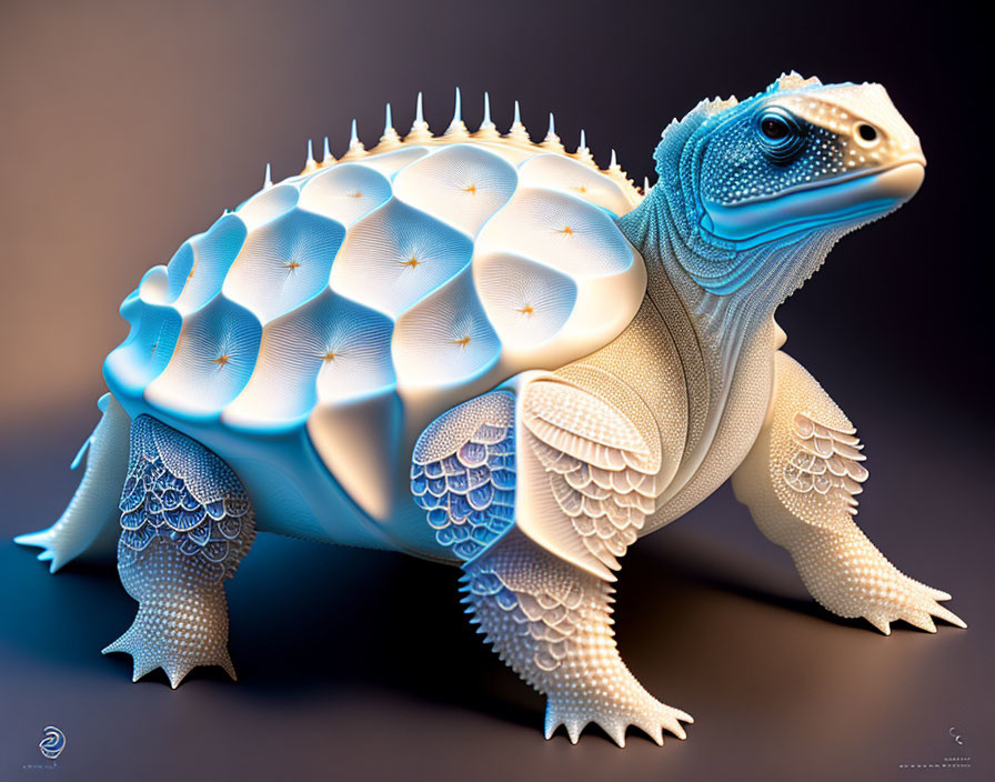 Stylized tortoise with pearlescent blue-white shell & intricate patterns