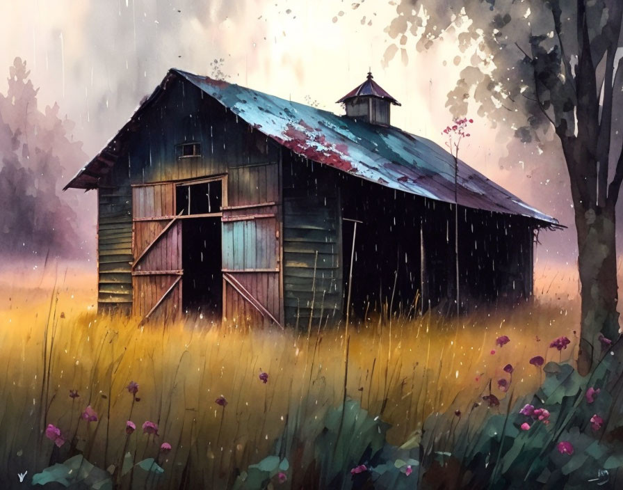 Illustration of old wooden barn in rainy field