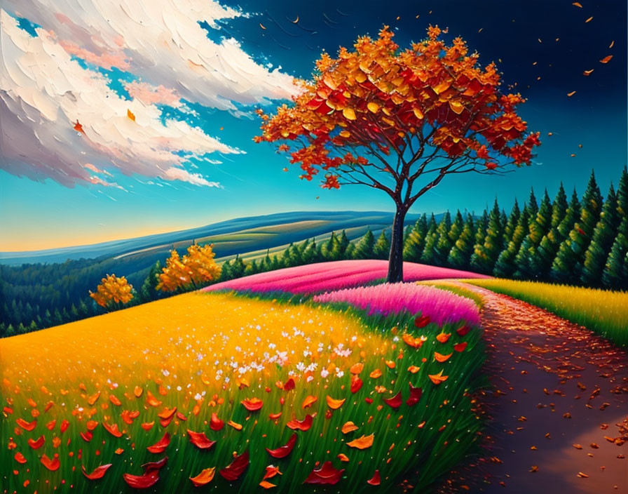 Colorful tree shedding leaves in vibrant landscape painting