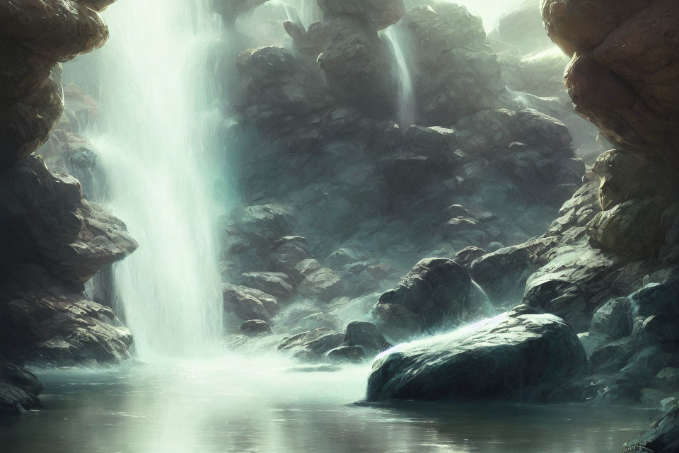 Tranquil waterfall scene with mist and soft light