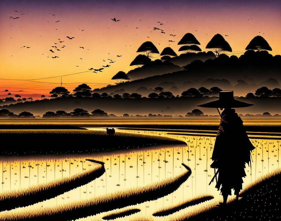 Traditional Asian attire figure in sunset rice fields landscape