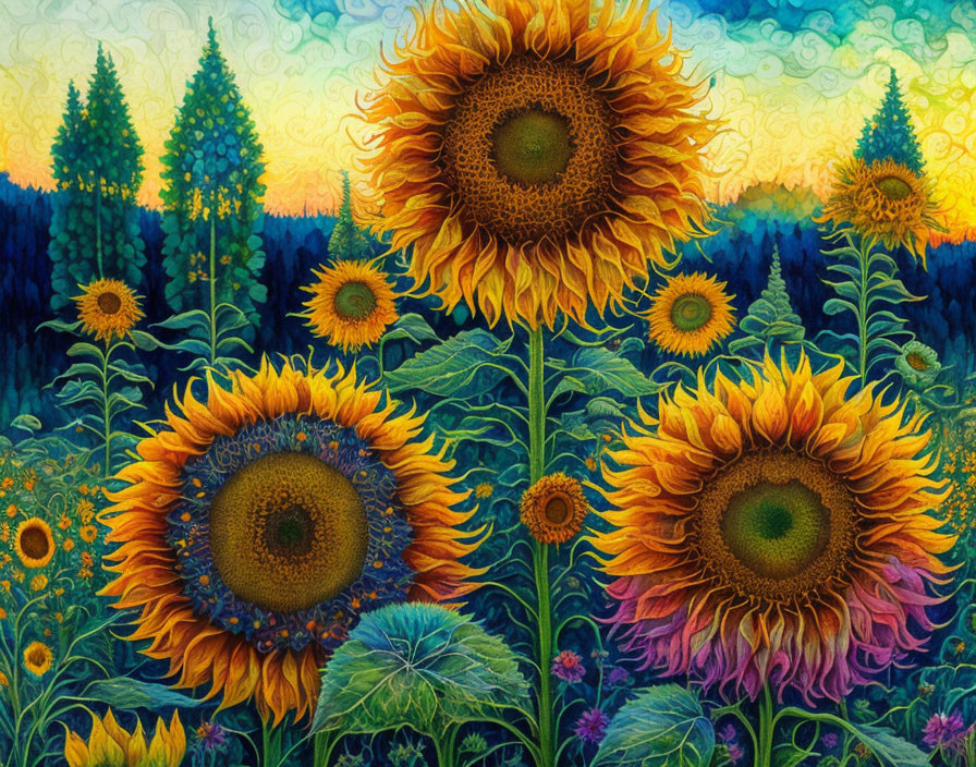 Colorful Sunflower Painting with Forest Sunset Background