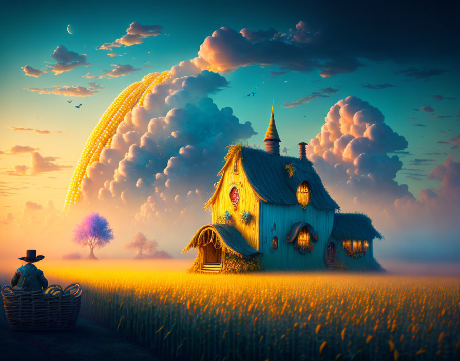 Person in hot air balloon admiring cottage in golden field under crescent moon