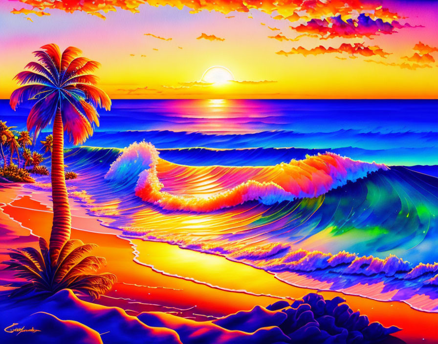 Colorful Ocean Sunset with Palm Trees and Waves