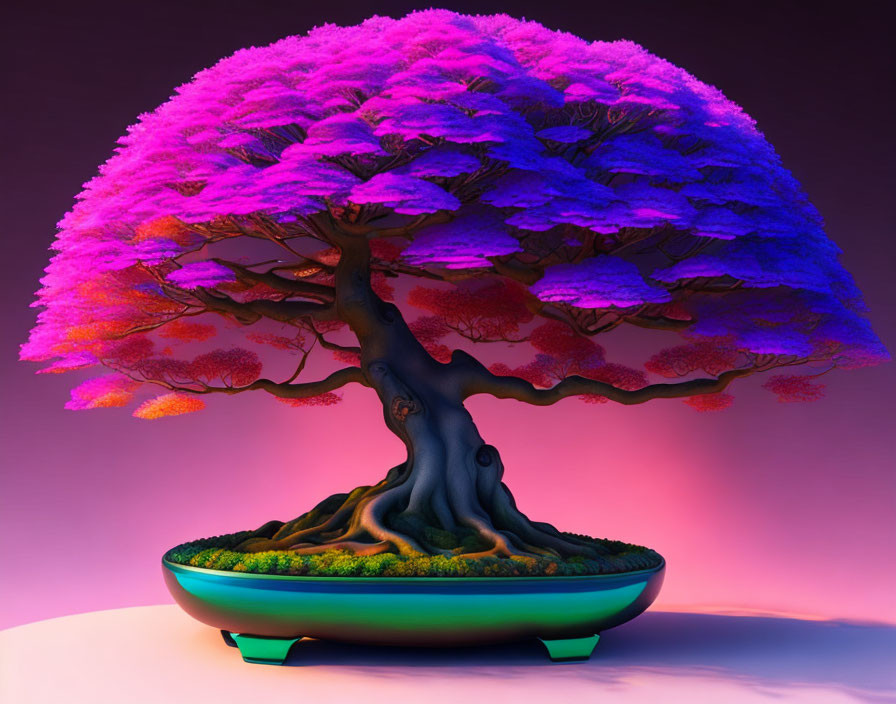 Colorful digital artwork: Bonsai tree with purple and pink canopy in green pot on pink and