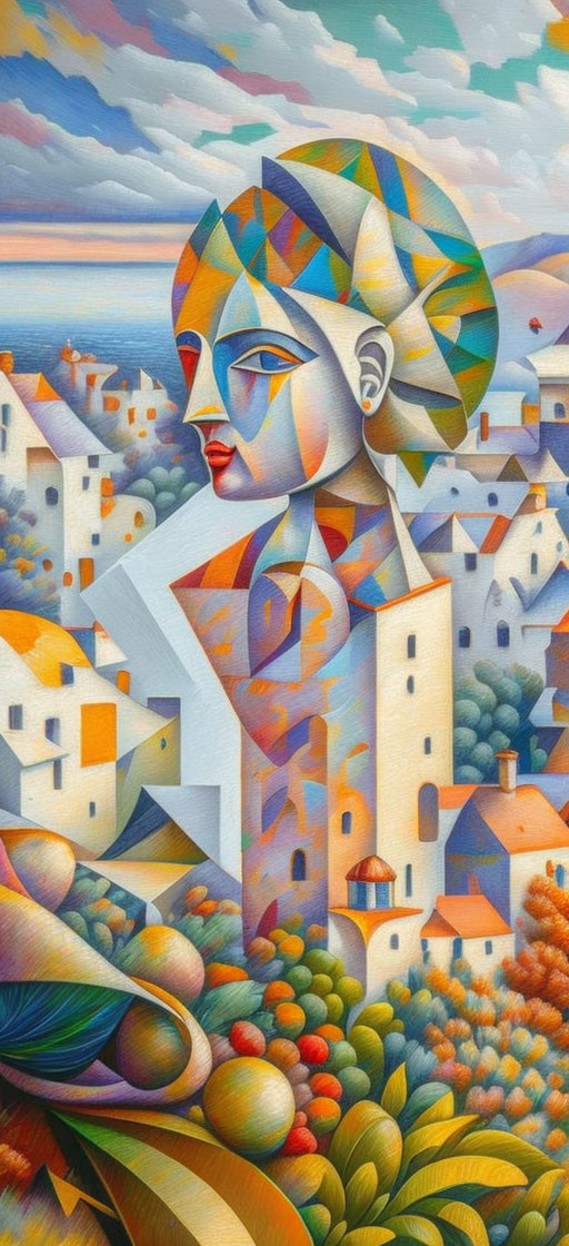 Abstract Cubist-style Female Profile in Vibrant Landscape