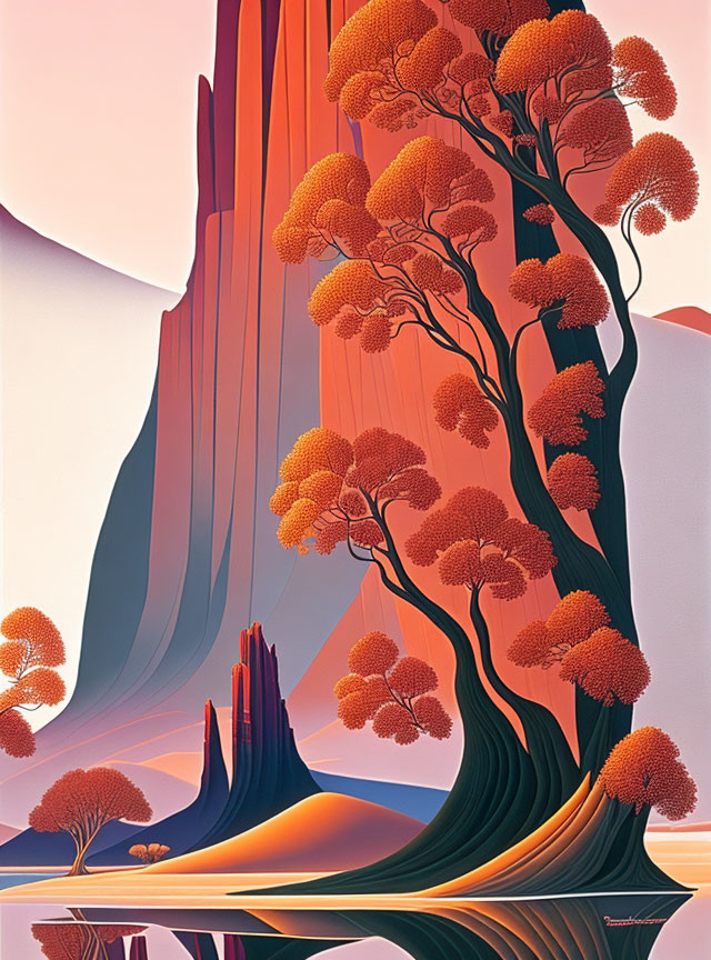 Stylized landscape with tall rock formations and vibrant orange foliage