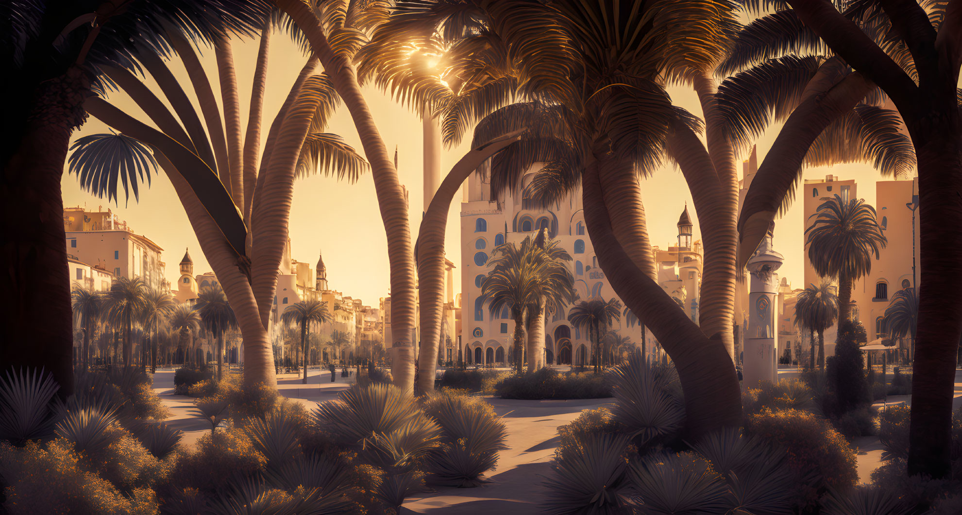 Golden sunset illuminates serene cityscape through palm trees