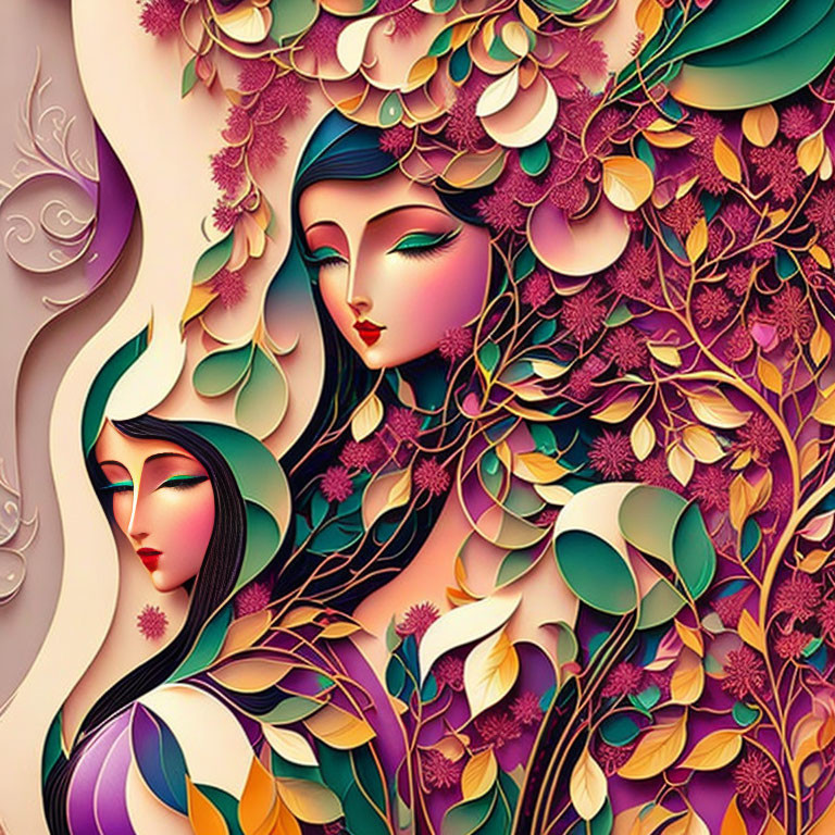 Stylized female figures in vibrant floral backdrop.