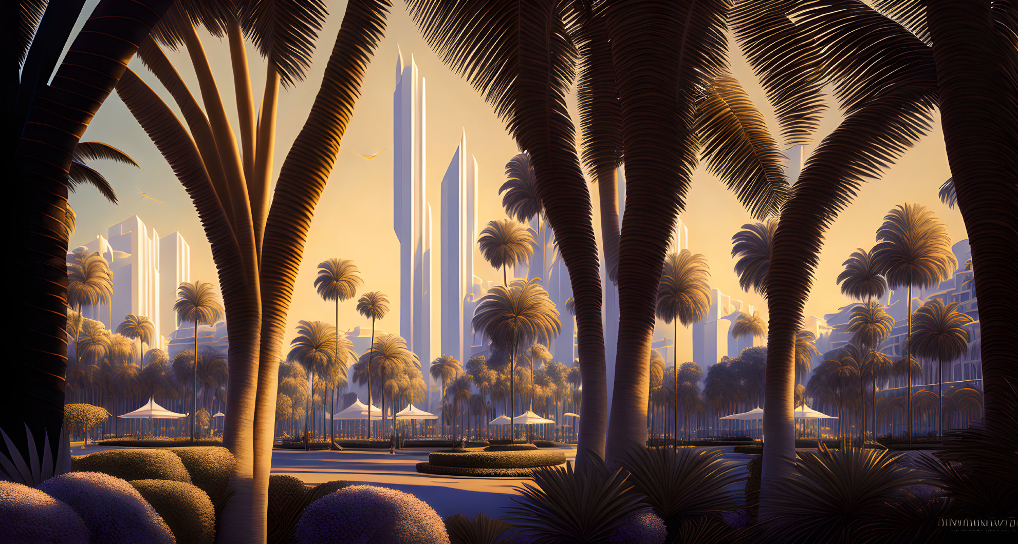 Futuristic cityscape with skyscrapers, palm trees, and lush vegetation at dusk