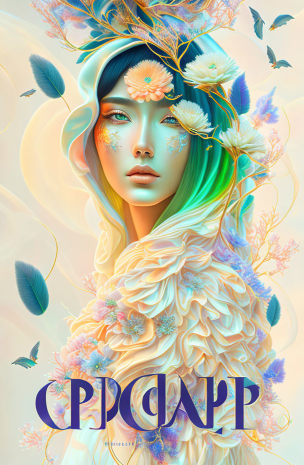 Colorful Nature-Inspired Woman with Birds and Flowers