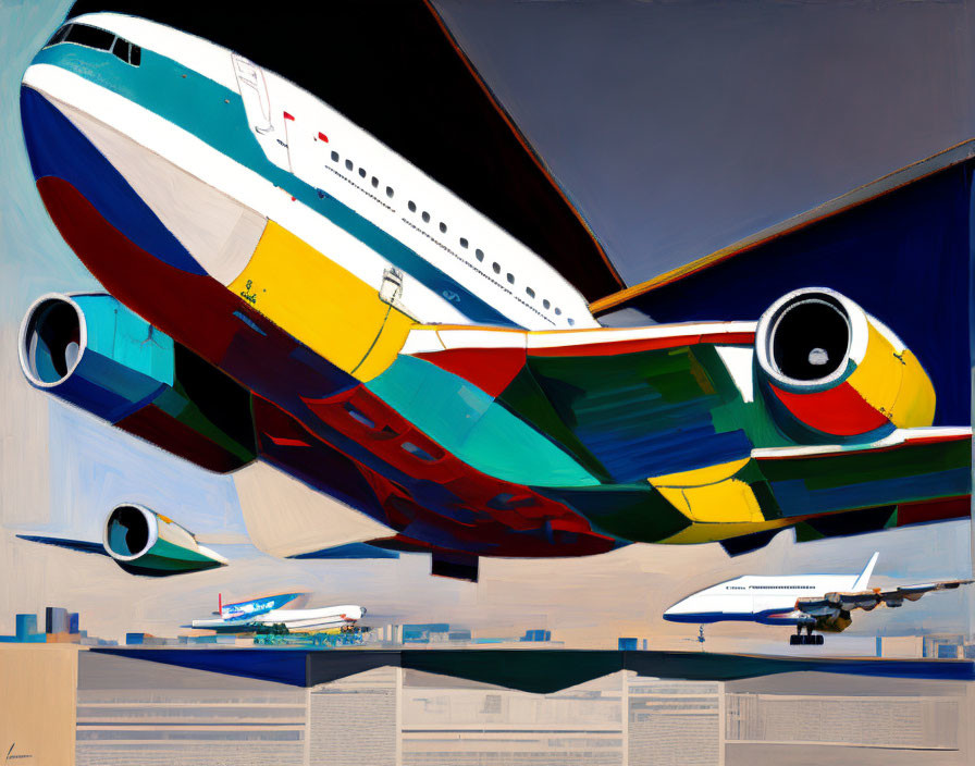 Colorful Commercial Airplanes on Tarmac with Dynamic Perspective